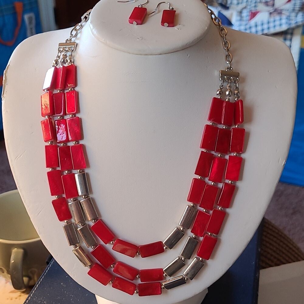 Red Bead Necklace & Dangle Hook Earrings Jewelry Set, Red & Silver Tone